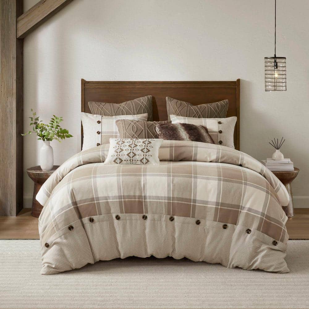 King Size Brown Cotton Jacquard Comforter Set with Decorative Pillows