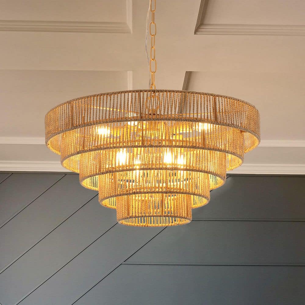 8 Light Brown Rustic 5-Tier Hemp Rope Chandelier for Dining Room, Kitchen or Foyer (Bulb Not Included) price history on PriceWatchPro