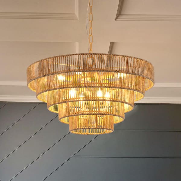 8 Light Brown Rustic 5-Tier Hemp Rope Chandelier for Dining Room, Kitchen or Foyer (Bulb Not Included)