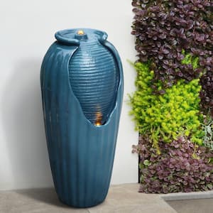 32 in. Teal Blue Contemporary Glazed Polyresin Vase Waterfall Floor Fountain with LED Light
