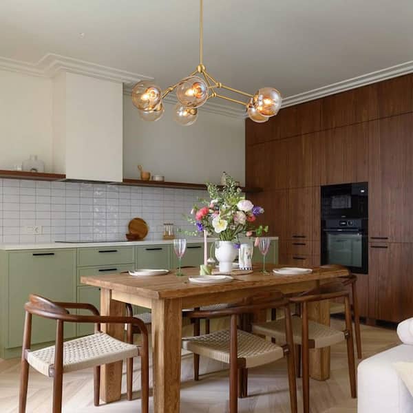 Antonio 6-Light 33.1 in. W Brushed Gold Chandelier Chandelier Sputnik Chandelier with Amber Glass for Living Room