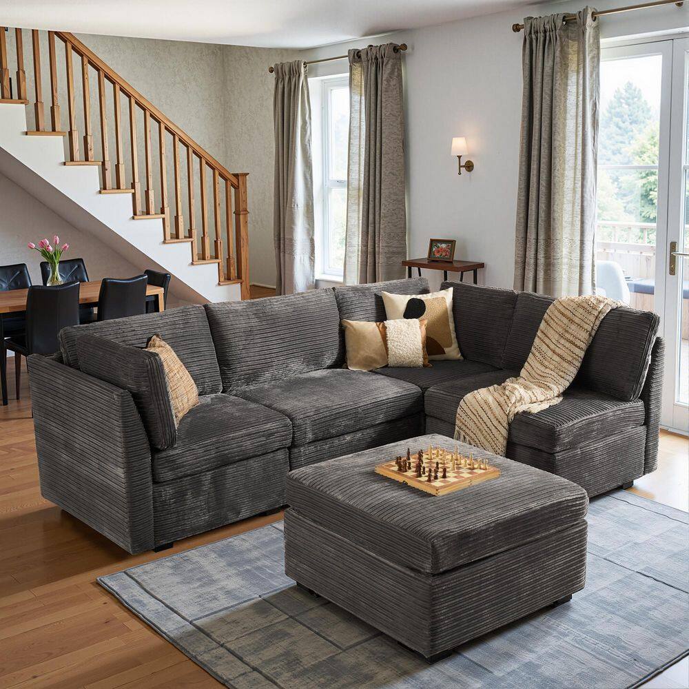 CORNY 95 in. Wide 5-Piece Modern Deep Seat Corduroy L-Shape Modular Sectional Sofa Couch in Gray with Ottoman price history on PriceWatchPro