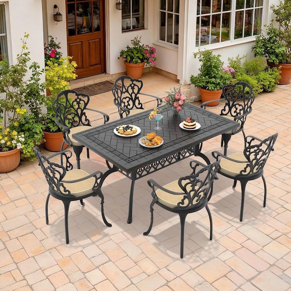 Black 7-Piece Rust-Free Cast Aluminum Outdoor Dining Set with Rectangular Table, 6 Dining Chairs and Off-White Cushions