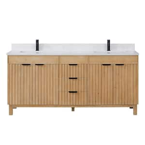 Palos 72 in. W x 22 in. D x 33.9 in. H Double Sink Bath Vanity in Fir Wood Brown with White GRain Stone Top