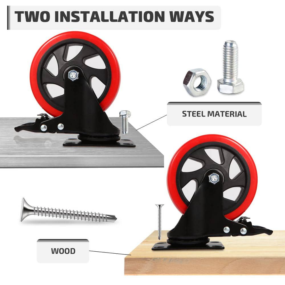 Heavy Duty 5 Inch Red Polyurethane Swivel Caster Wheels with Brake