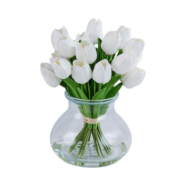Faux Series 10 in. White Indoor Artificial Silk Tulip Bouquets with Stems for Home Table Decor in Glass Vase