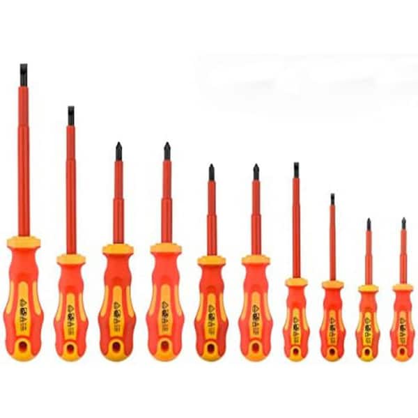 VDE Series 5. 9in. Shank 11 Bit Red Insulated Screwdriver Set Soft-Grip Magnetic Tips Electrician 11-Piece