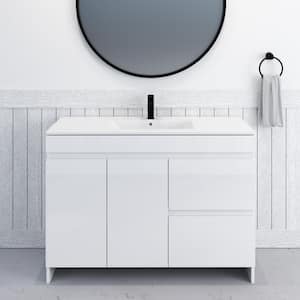 Mace 48 in. W x 18 in. D x 34 in. H Bath Vanity in Glossy White with White Ceramic Top and Right-Side Drawers