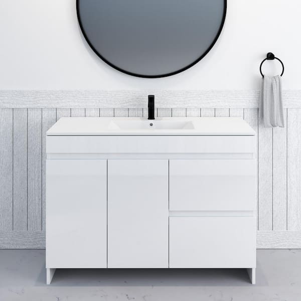 VOLPA USA AMERICAN CRAFTED VANITIES Mace 48 in. W x 18 in. D x 34 in. H Bath Vanity in Glossy White with White Ceramic Top and Right-Side Drawers