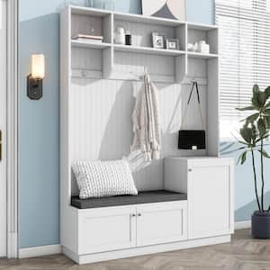 Modern White Freestanding Hall Tree with Cushioned Storage Bench, 3-Hooks and Shelves