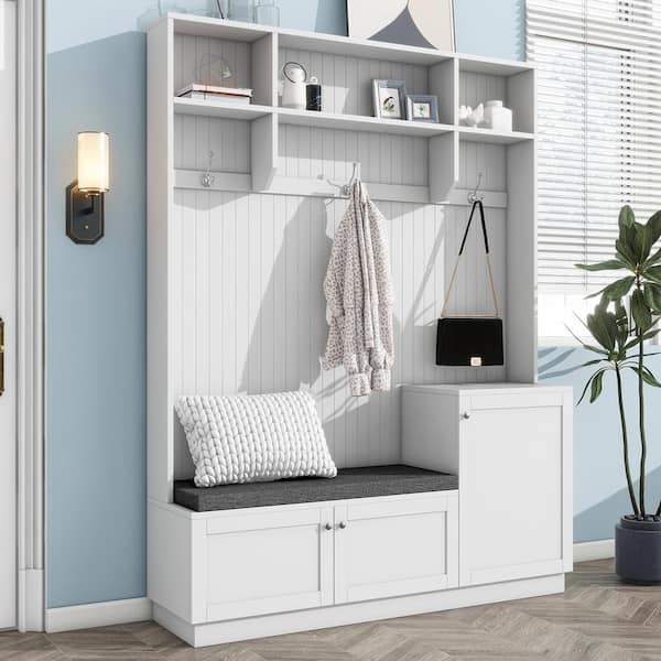 Nestfair Modern White Freestanding Hall Tree with Cushioned Storage Bench, 3-Hooks and Shelves