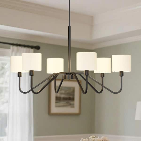 39 in. 6-Light Black Chandelier with White Fabric Shades, Classic Hanging Ceiling Light for Bedroom or Living Room