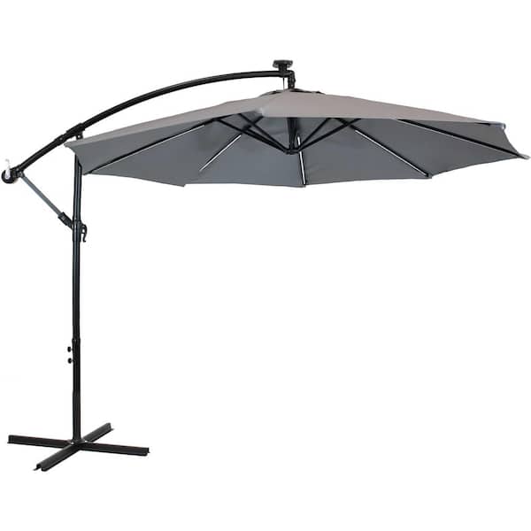 Sunnydaze Decor 9.5 ft. Offset Cantilever Patio Umbrella in Smoke with Solar LED Lights