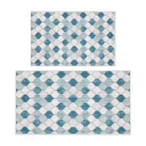 Moroccan Gray/Blue 44 in. x 24 in. and 31.5 in. x 20 in. Washable, Thin, Multipurpose Kitchen Rug Mat (Set of 2)