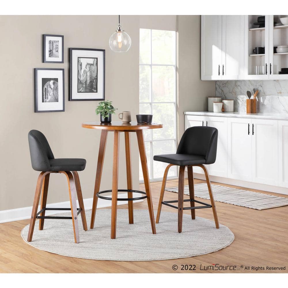 Set of 2 Black Faux Leather and Walnut Wood Swivel Barstools