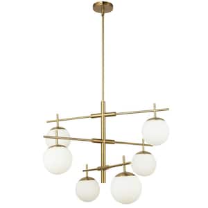 Caelia 6 Light Aged Brass Shaded Chandelier with White Opal Glass Shade