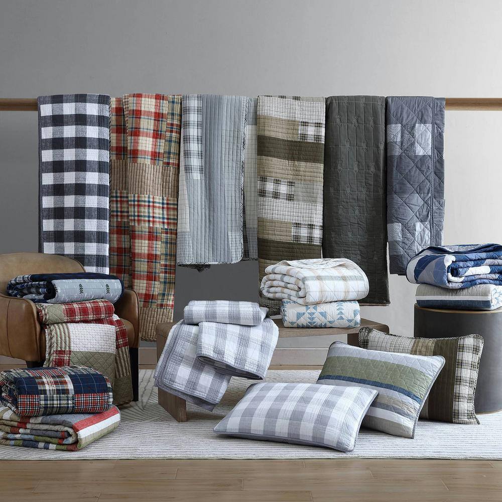 Brown Plaid Cotton Twin Reversible Quilt Set with Sham