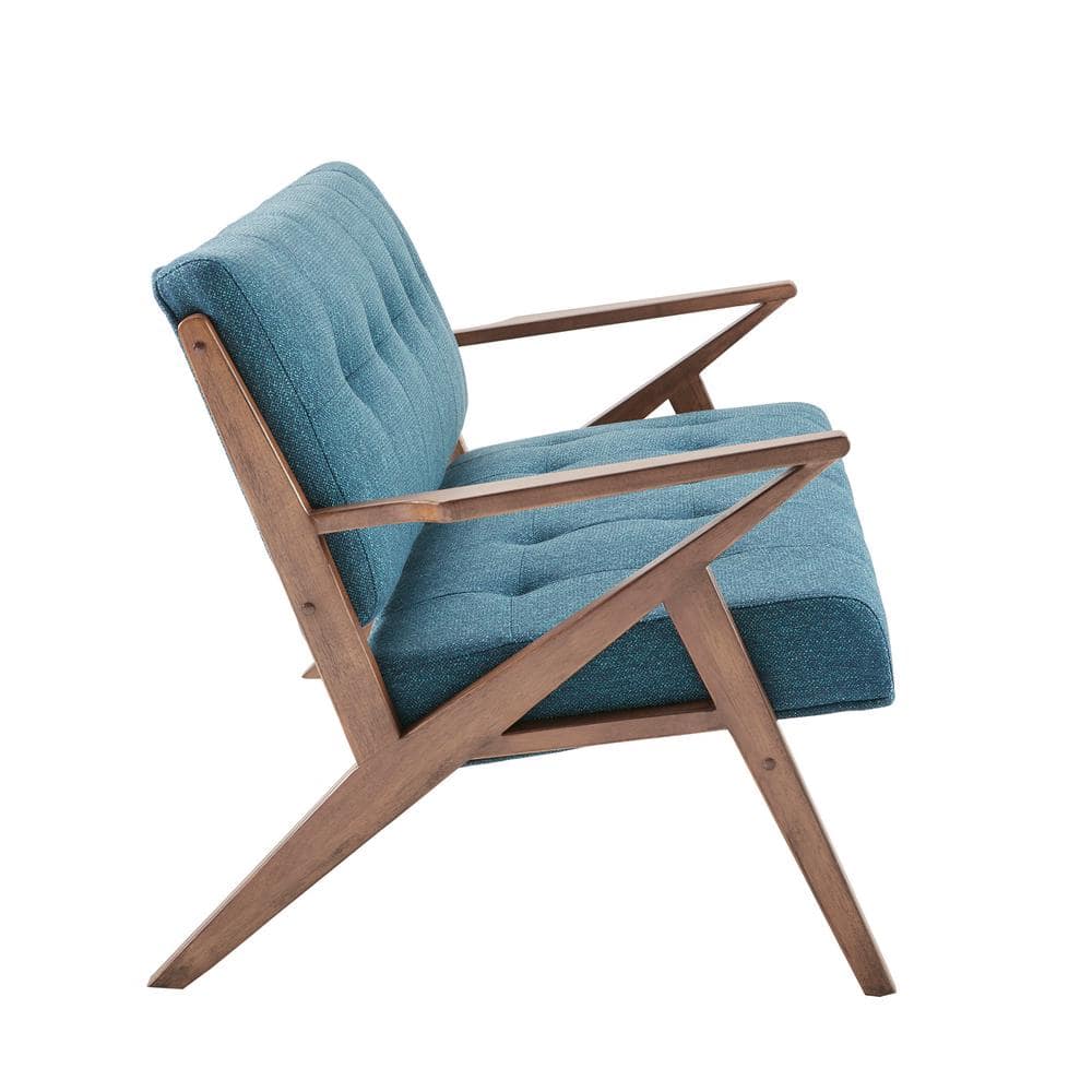 Mid-Century Modern Blue Tufted Fabric Loveseat with Wood Frame