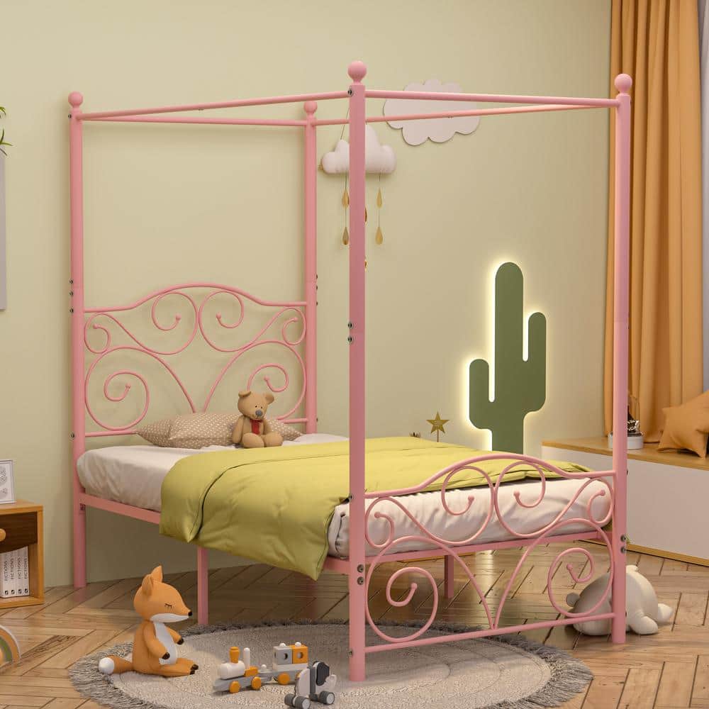 Metal Canopy Bed Frame, Pink Twin Size with Headboard, Heavy Duty Steel Slats, No Box Spring Needed (Style 1)