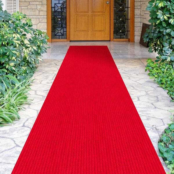 Scrabe Rib Waterproof Non-Slip Rubberback Ribbed Red Indoor/Outdoor Utility  Rug