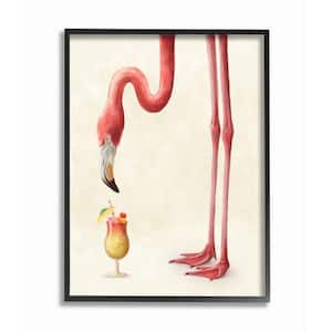 "Thirsty Pink Flamingo Tropical Long Leg Drink Humor" by Ziwei Li Framed Animal Wall Art Print 24 in. x 30 in.
