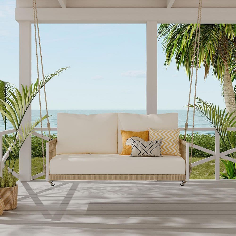 2-Person Metal Porch Swing with Beige Soft Cushions for Patio