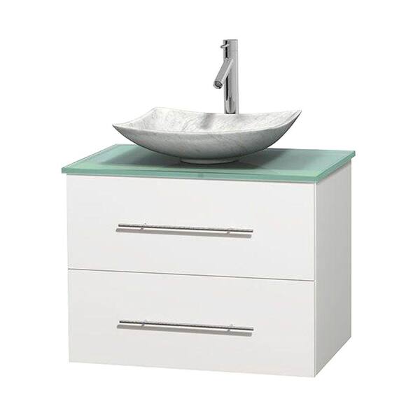 Wyndham Collection Centra 30 in. Vanity in White with Glass Vanity Top in Green and Carrara Sink
