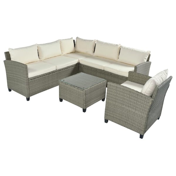 FORCLOVER Gray 5-Piece Wicker Patio Conversation Set with Beige Cushions and Coffee Table