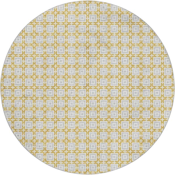 Dream Shag Premium Machine Washable Abstract ADS139 Gold 8 ft. x 8 ft. Round Rug