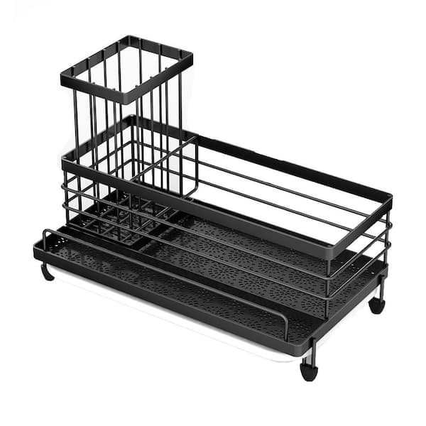 Black Stainless Steel Kitchen Sink Caddy Organizer with Rustproof Non-Slip Brush and Sponge Holder Large Capacity