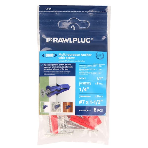 Uno Multi-Purpose Drywall Anchors 1/4 with Screws #8 x 1-3/4 19 lbs. (Pack of 8)