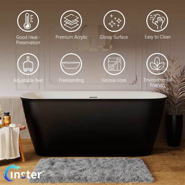 59 in. Acrylic Flatbottom Freestanding Non-Whirlpool Double Slipper Soaking Bathtub in Black