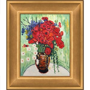 Vase with Daisies and Poppies by Vincent Van Gogh Muted Gold Glow Framed Abstract Oil Painting Art Print 12 in. x 14 in.