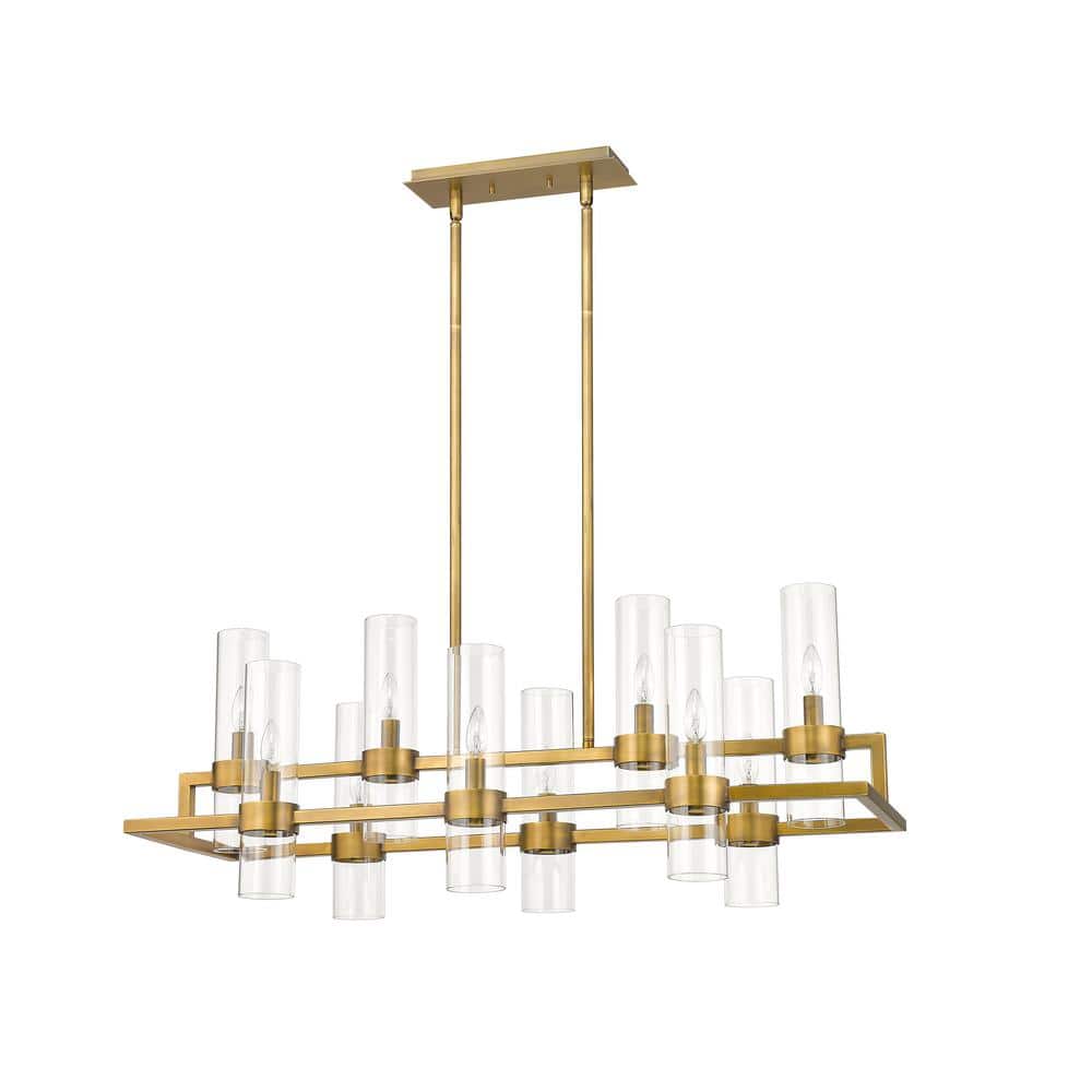 Datus 42.5" Rubbed Brass 10-Light Chandelier with Clear Glass Cylinders
