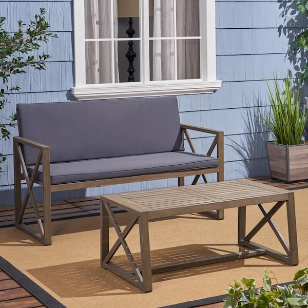 Noble House Andora Gray 2-Piece Acacia Wood Outdoor Patio Conversation Set with Dark Grey Cushions