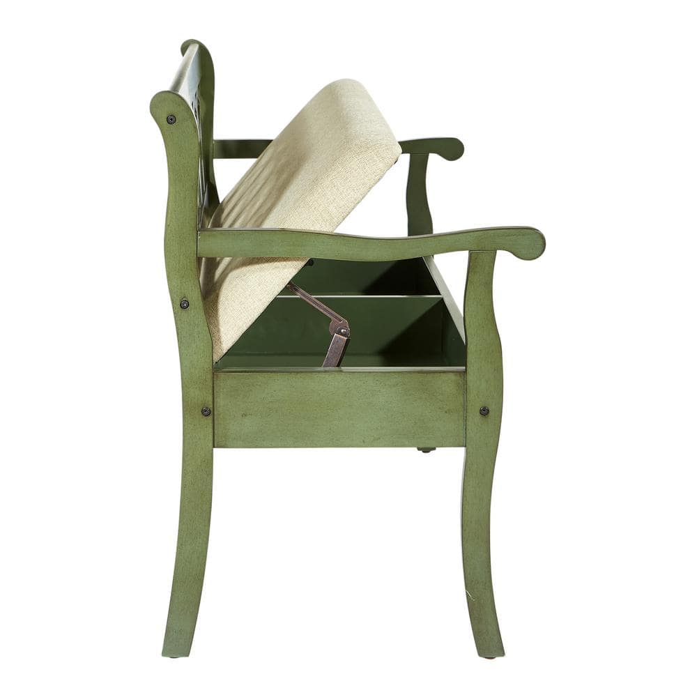 Coventry Antique Sage Entry Bench with Beige Cushion Storage