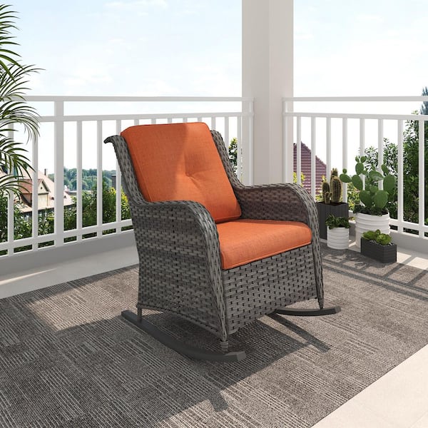 Wicker Outdoor Rocking Chair Lounge Chair Patio with Orange Cushion