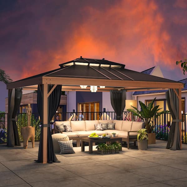 Unbranded 12 ft. x 16 ft. Hardtop Gazebo with Wood Grain Aluminum Frame, Galvanized Steel Double Roof with Netting and Curtains