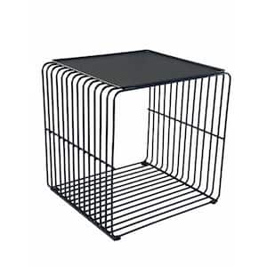 16 in. Black Square Metal End Table with Metal Wire Frame