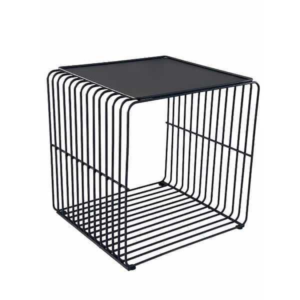 Benjara 16 in. Black Square Metal End Table with Metal Wire Frame