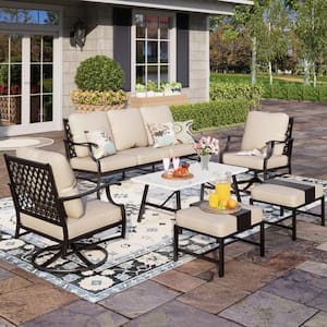 Black Meshed 7-Seat 6-Piece Metal Outdoor Patio Conversation Set with Beige Cushions and Table with Marble Pattern Top