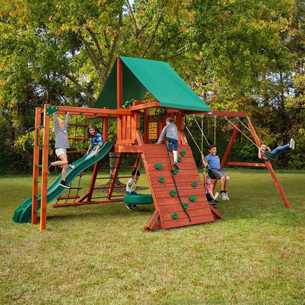 Redwood and Green Cedar Playground System with Slide and Swings