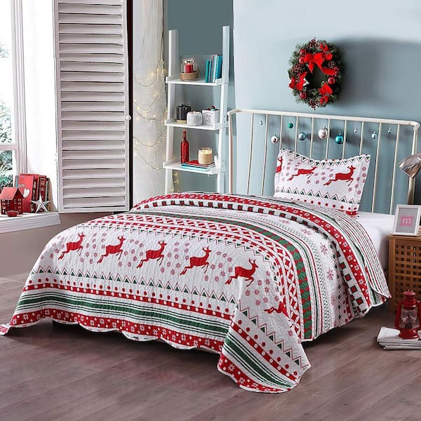MarCielo B40 Christmas Red Reindeer and Snowflakes Twin Size Polyester Quilt Bedspread Set