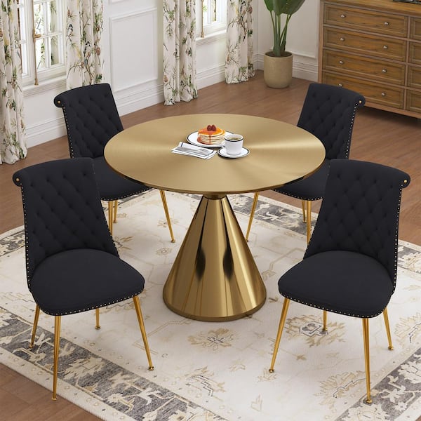 Boyel Living 5-Piece Round Gold MDF Top Table Set Seats 4 (4-Black Dining Chairs)