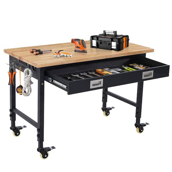 Heavy Duty 48 in. W x 24 in. D Black Steel Mobile Workbench with Rubberwood Top & Drawer, AC Outlets & USB Ports