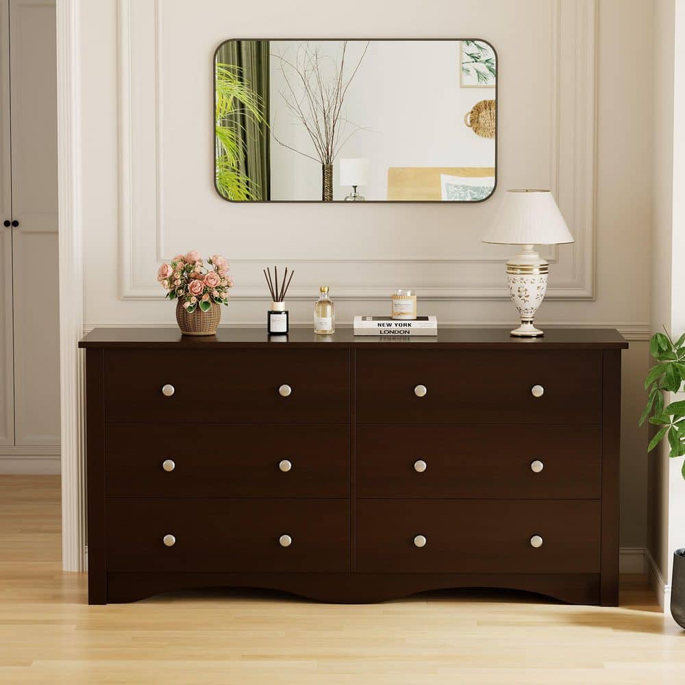 LACOO 58 in. 6 Drawer Double Dresser, Wide Wood Chest Of Drawers Storage Tower Storage for Living Room Bedroom, Brown V-WD-0158A-BN