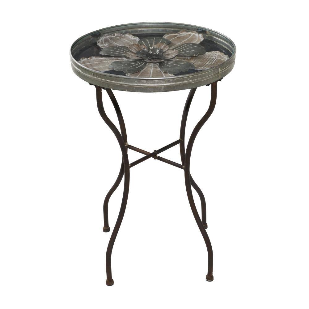 Round Weathered Metal and Glass Floral Accent Table