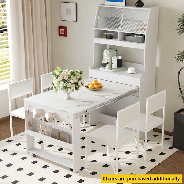 Marble White Wood 66.1 in. Buffet with Hutch and Foldable Dining Table, Storage Shelf and Side Hooks