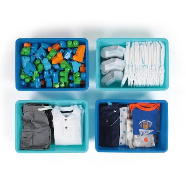 Tot Tutors Blue and Teal Large Plastic Storage Bins (Set of 4)