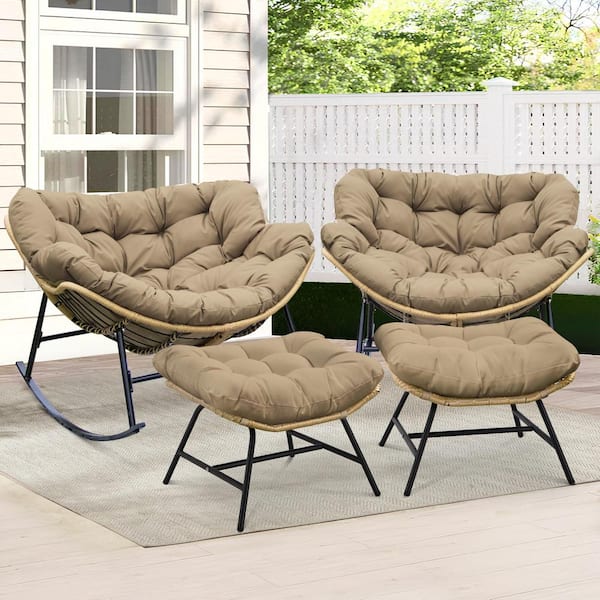 Unbranded Oversized PE Wicker Outdoor Rocking Chair Patio Papasan Chair Rocker with Brown Cushion and Ottoman (4-Piece)